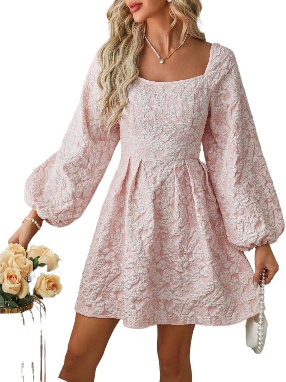 NWOT SHEIN Pale Pink Floral Jacquard Square-Neck Mini Dress with Balloon Sleeves
